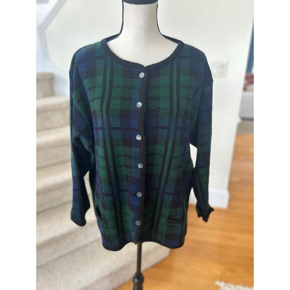 Vintage Tally Ho Green Black Blackwatch Plaid Tartan Button Cardigan - Picture 1 of 6